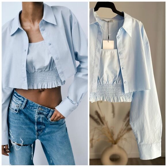 Zara Tops - ZARA SET CROPPED SHIRT AND TOP BLUE M L NWT